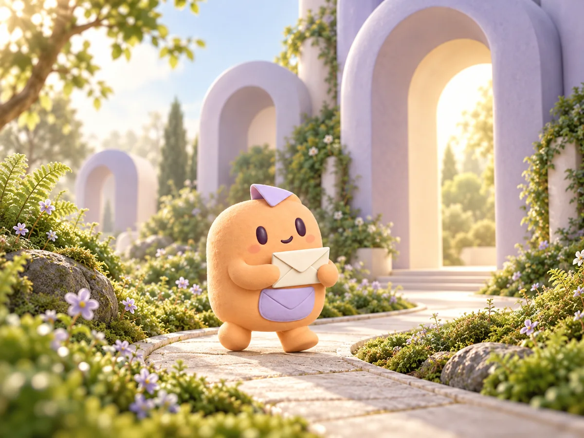 An apricot Proxling courier carries an envelope through a garden of much larger lilac doorways.