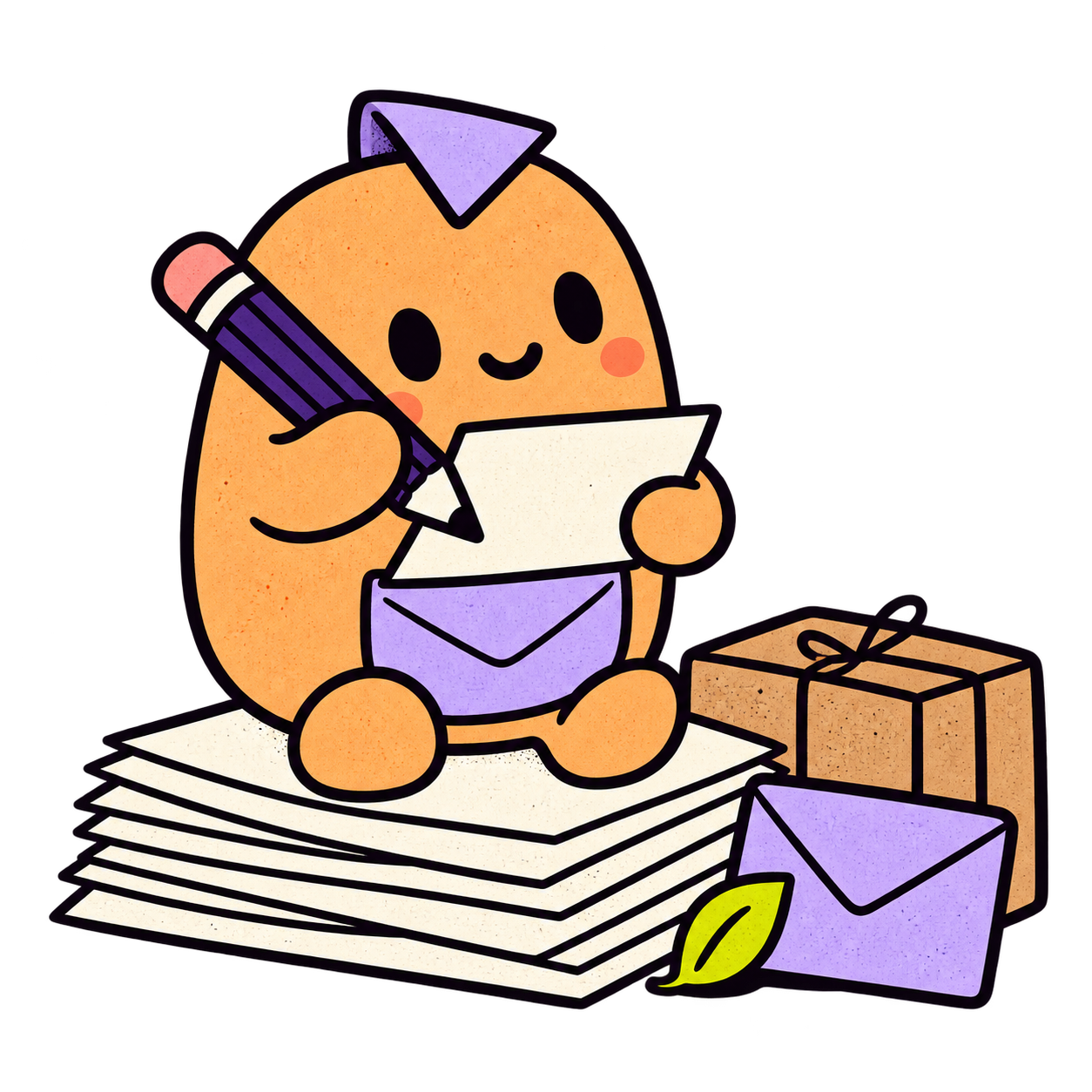 The apricot courier writes down a brief, seated on a little stack of paper.