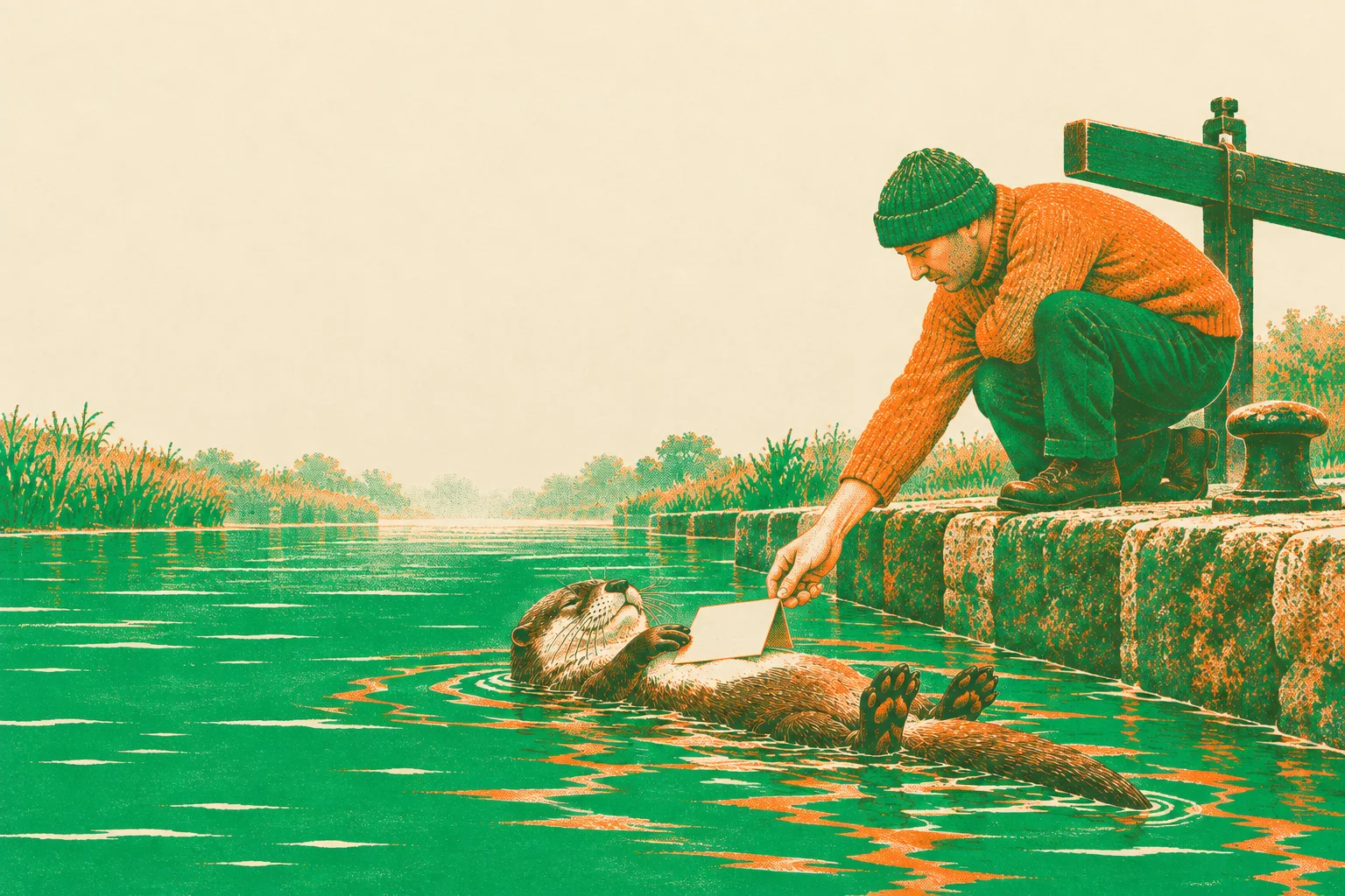 A lock-keeper in an orange jumper kneels at the edge of a canal lock and hands a card down to the otter floating in the water.