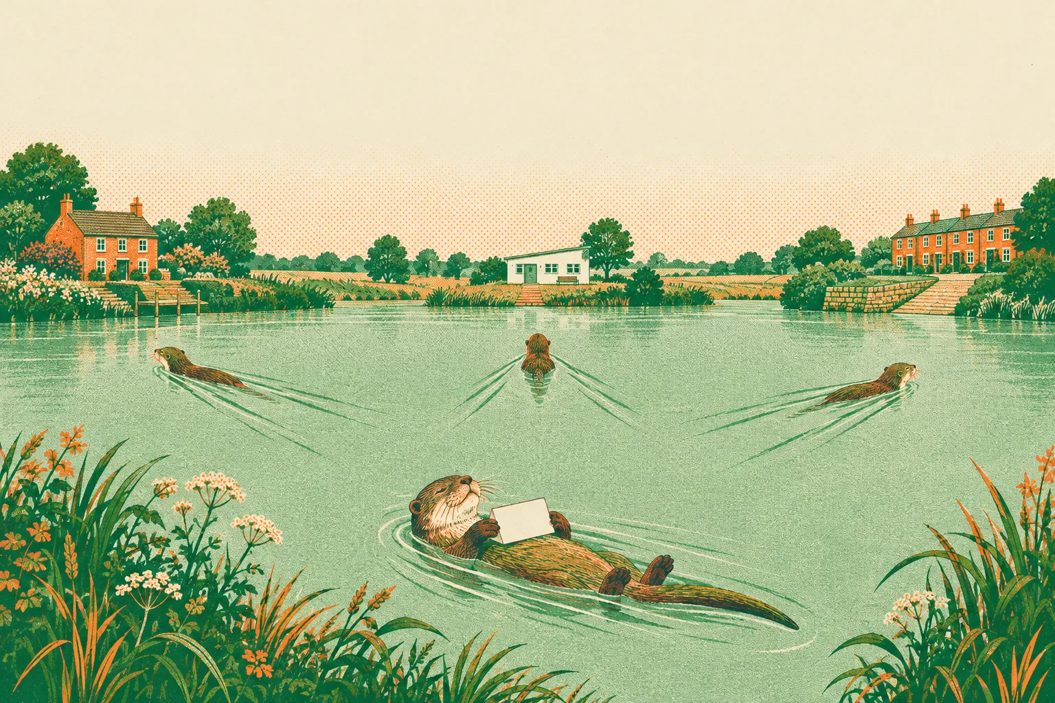 A wide river bend in summer: several otters swim out across the water towards the houses on the far banks.